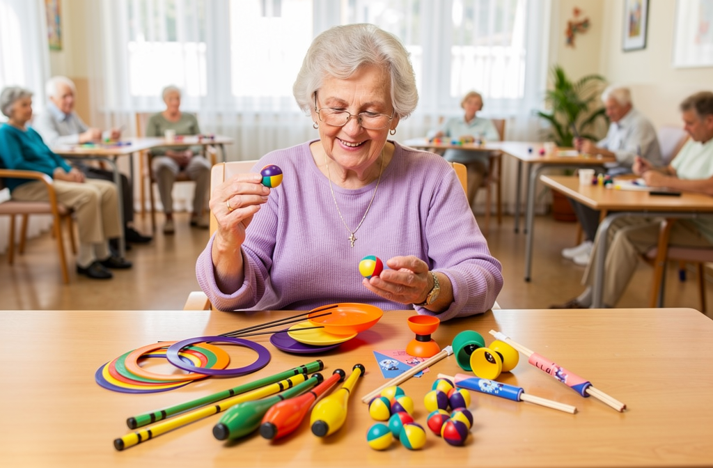 Senior pratiquant des exercices de motricité fine avec du matériel de jonglage coloré.