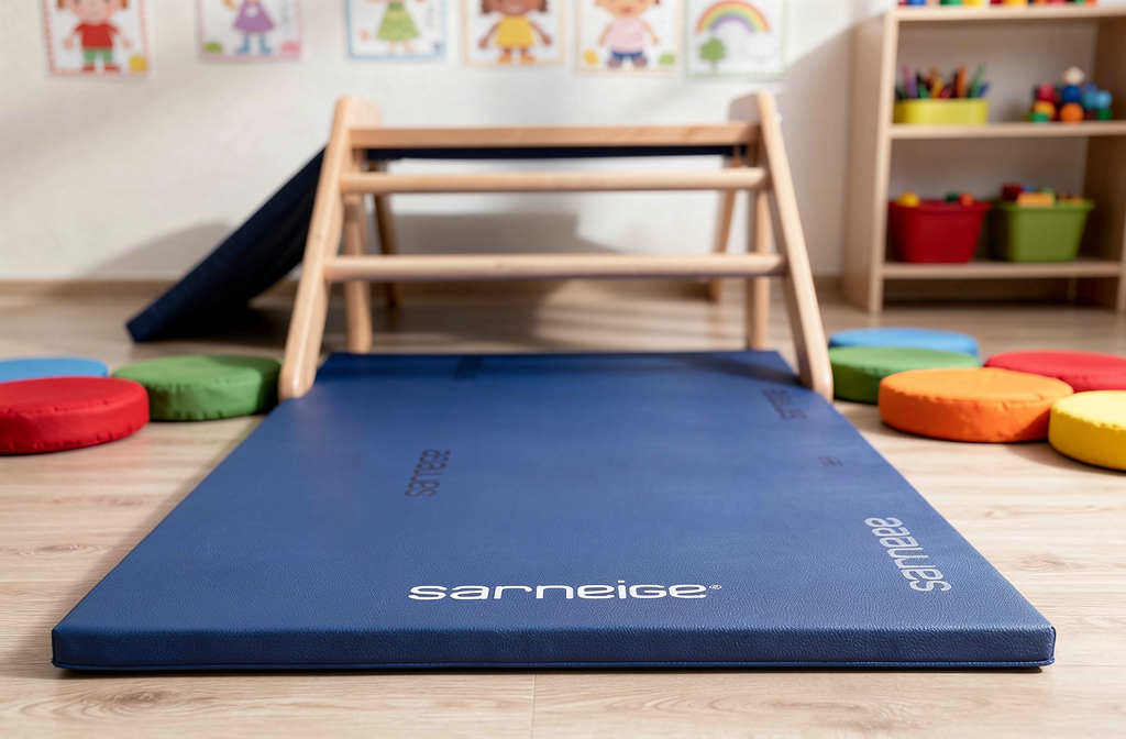Tapis de sécurité bleu Sarneige installé dans un coin jeux d'assistante maternelle.
