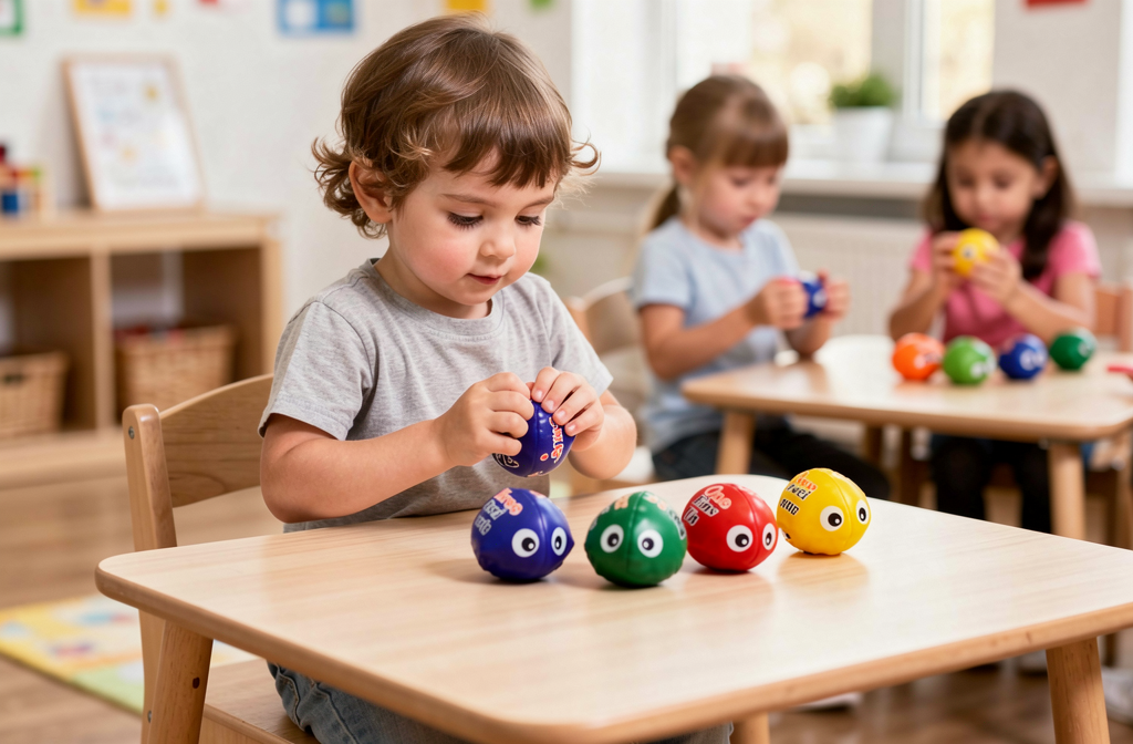 Kind oefent fijne motoriek met gekleurde knijpballen op tafel