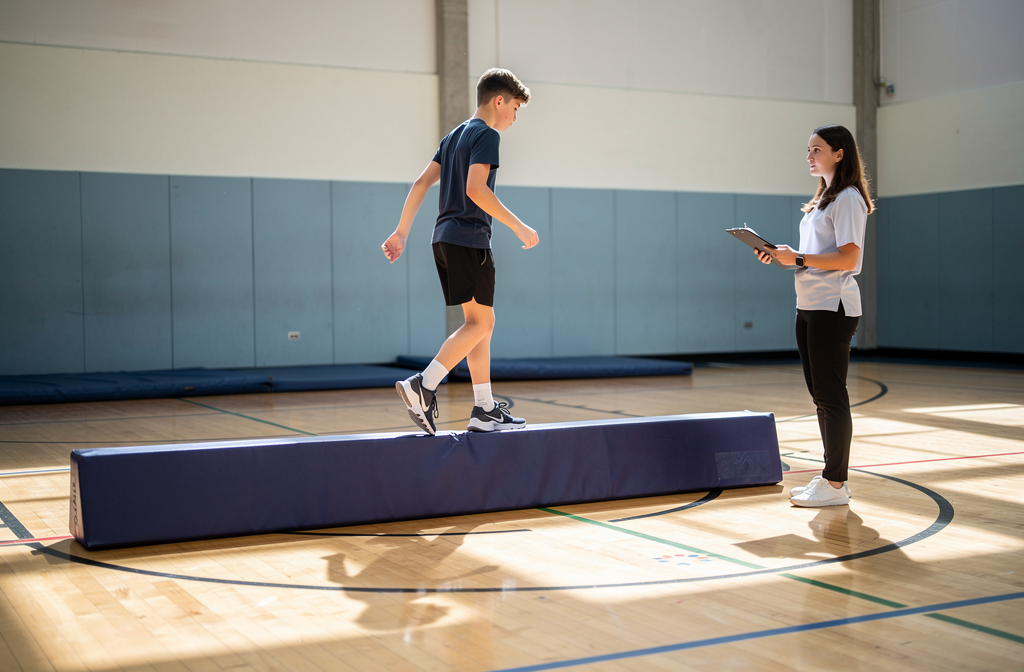 Poutre d'équilibre en mousse utilisée pour exercice de psychomotricité avec adolescent.