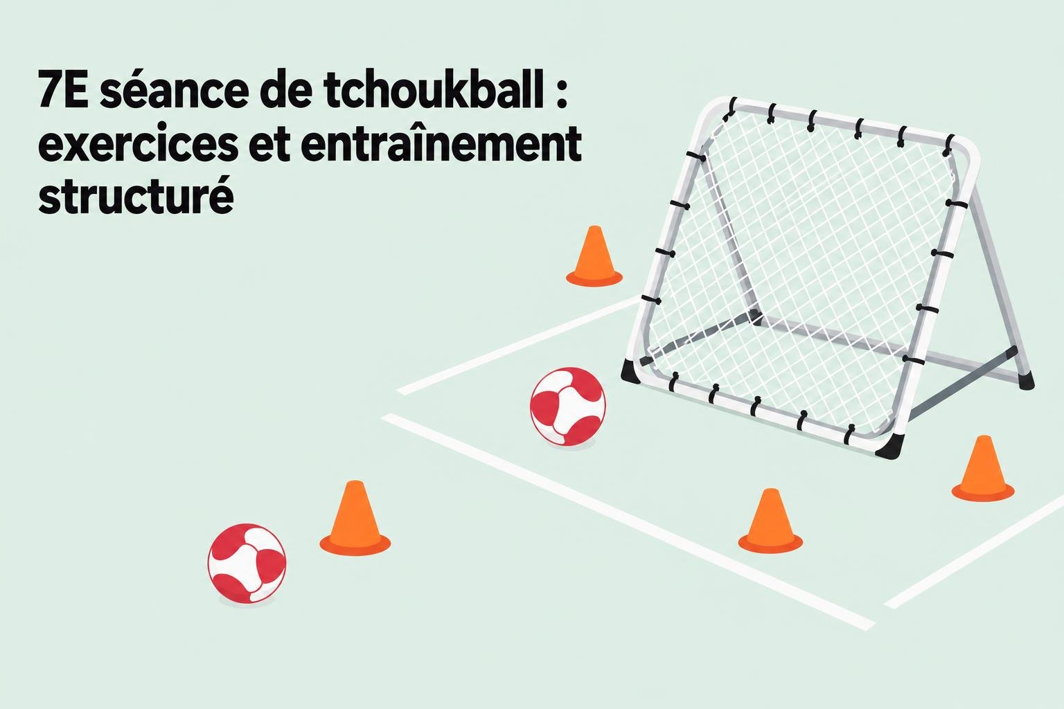 7 séance de tchoukball : but portable avec cônes et balles sur un terrain, prêt pour des exercices d’entraînement structuré de tchoukball.
