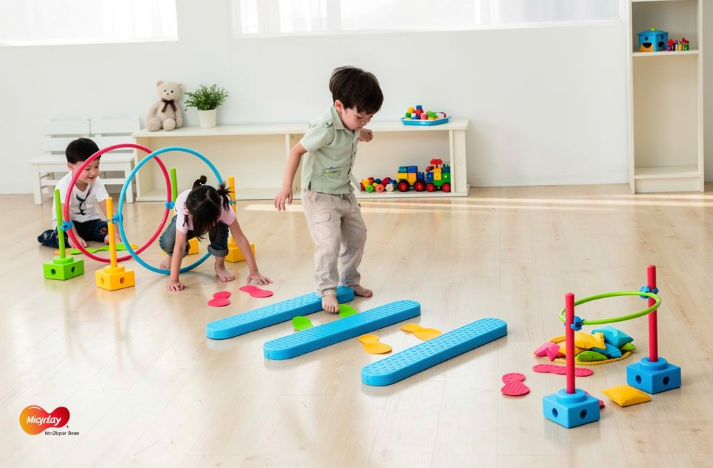 Kinderen spelen met modulaire bewegingsapparatuur in een moderne speelruimte