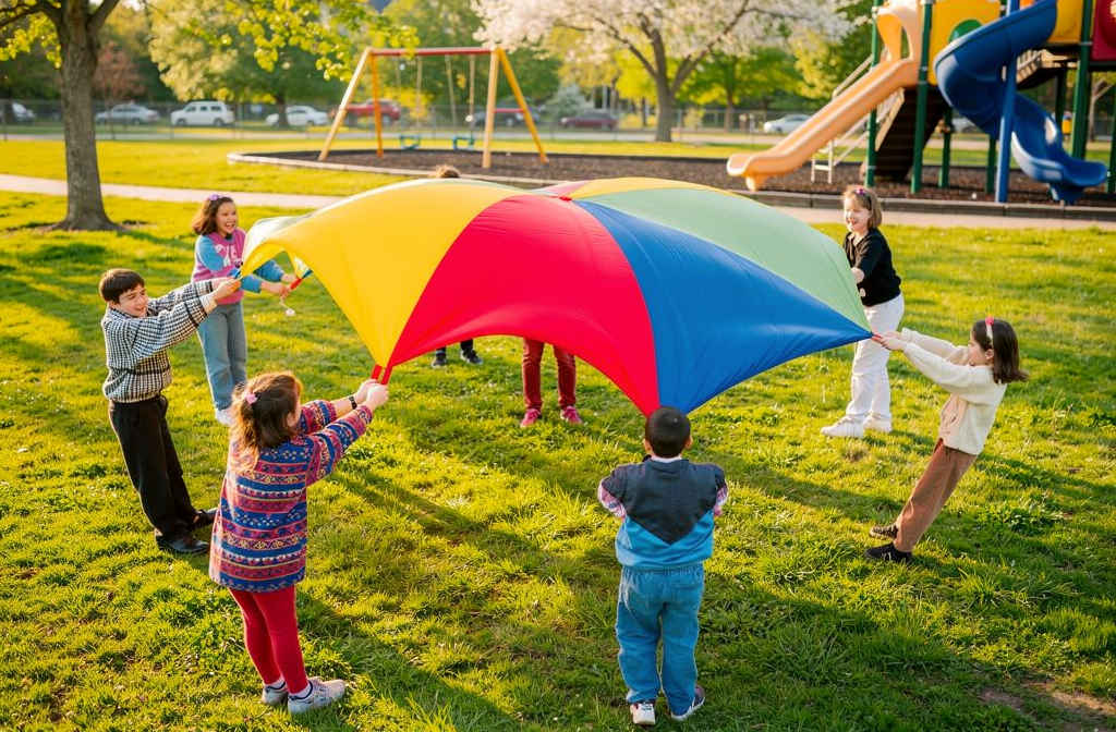 Kinderen spelen samen met een gekleurde speelparachute in een buitenomgeving.