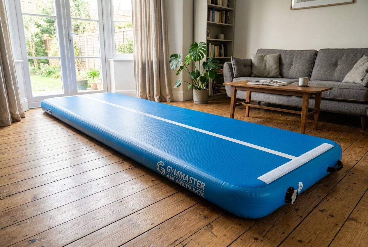 Airtrack pro airtrack turnmat liggend in een living, blauw met witte band, geschikt voor gym- en thuisoefeningen.