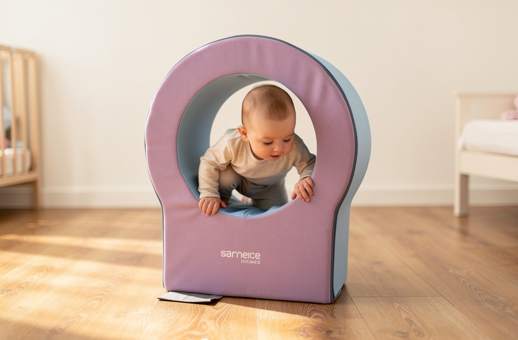 Arche de motricité douce en mousse posée sur le sol d'une salle de motricité, utilisée par un bébé pour ramper librement.