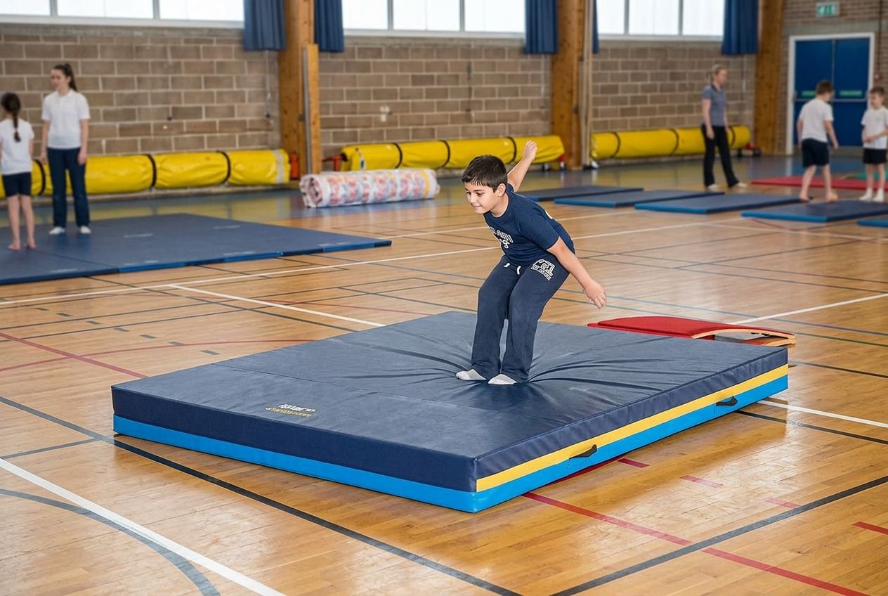 Aujourdhui, jeune enfant effectuant une figure sur un tapis de gym posé au sol dans une salle polyvalente.