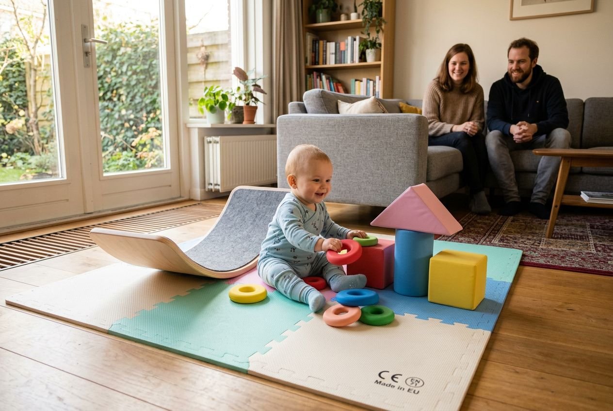 Baby speelt met kleurrijk psychomotoriek materiaal thuis gebruiken: blokken, ringen en zacht speelkleed terwijl ouders toekijken.