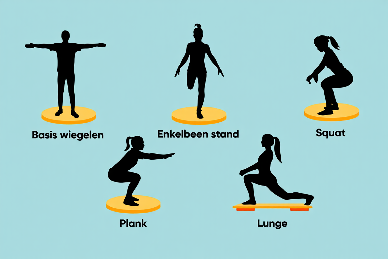 Balansoefeningen op een lance board: Basisspießen enkleben stand, Squat, Plank, Lunge, met silhouetten van personen op oranje balansplaten. Lance board oefeningen in balanstraining.