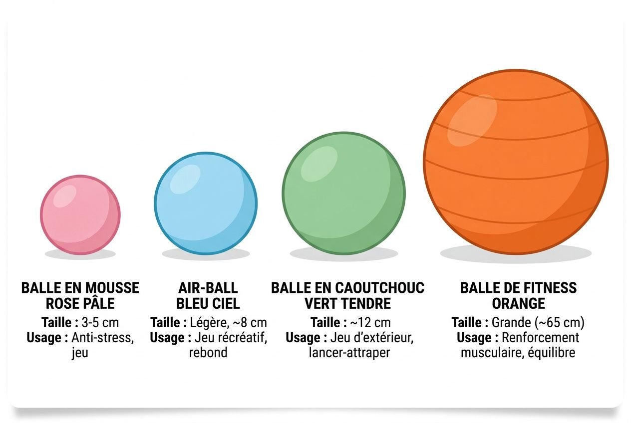 Balles de motricité de différentes tailles pour matériel psychomotricité personnes âgées : mousse rose, balle bleu ciel, balle vert tendre et balle d’entraînement orange.