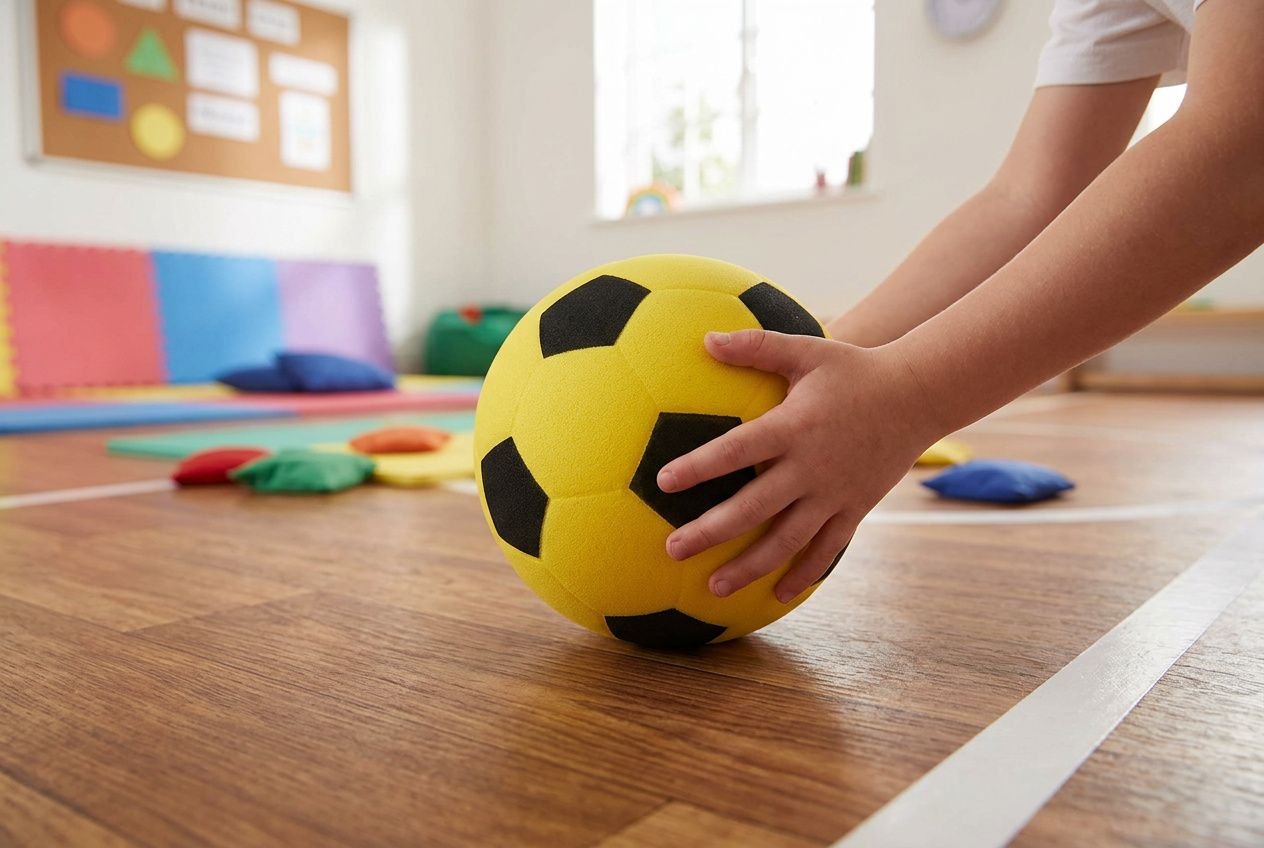 Ballon de football en mousse jaune et noir posé sur un parquet de salle de sport, prêt à être utilisé par un enfant.
