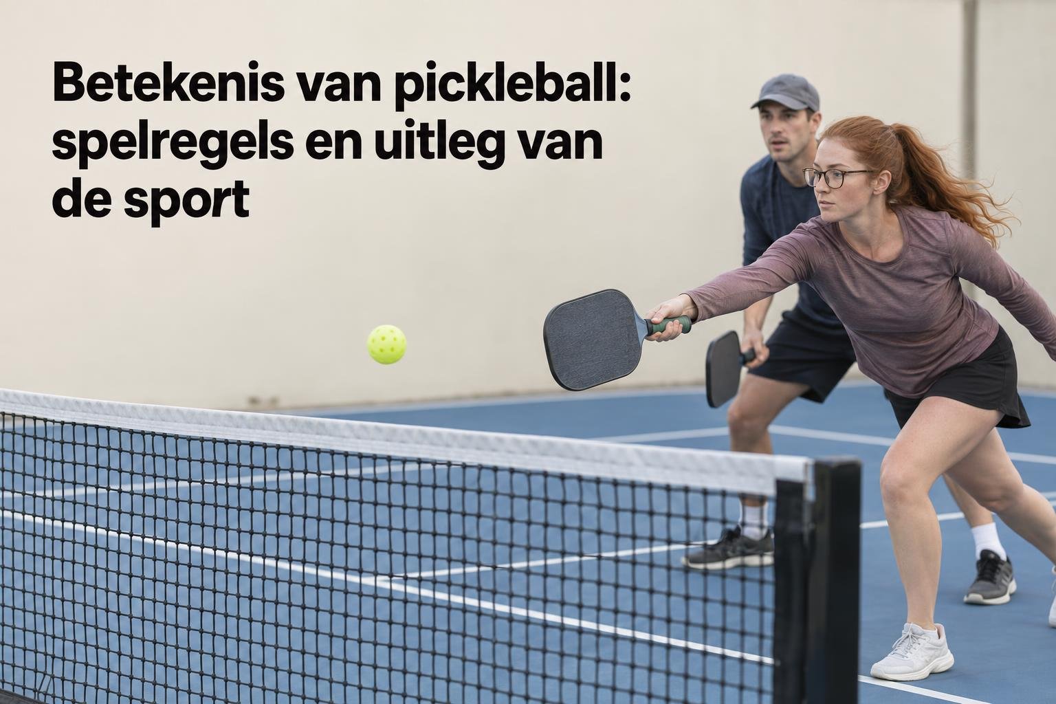 Betekenis van pickleball: spelers die een bal terugkaatsen aan het net tijdens een potje pickleball op een blauwe baan.