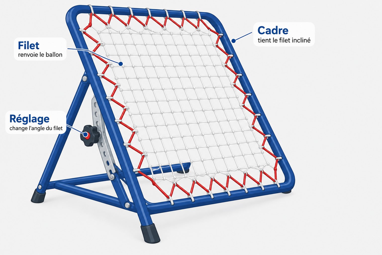 Cadre de tchoukball avec filet et mécanisme de réglage sur le côté.