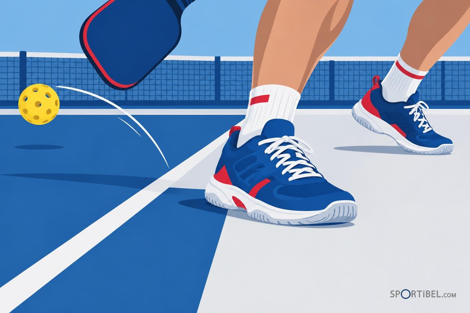 Chaussures de pickleball et balle jaune en mouvement sur un court bleu.