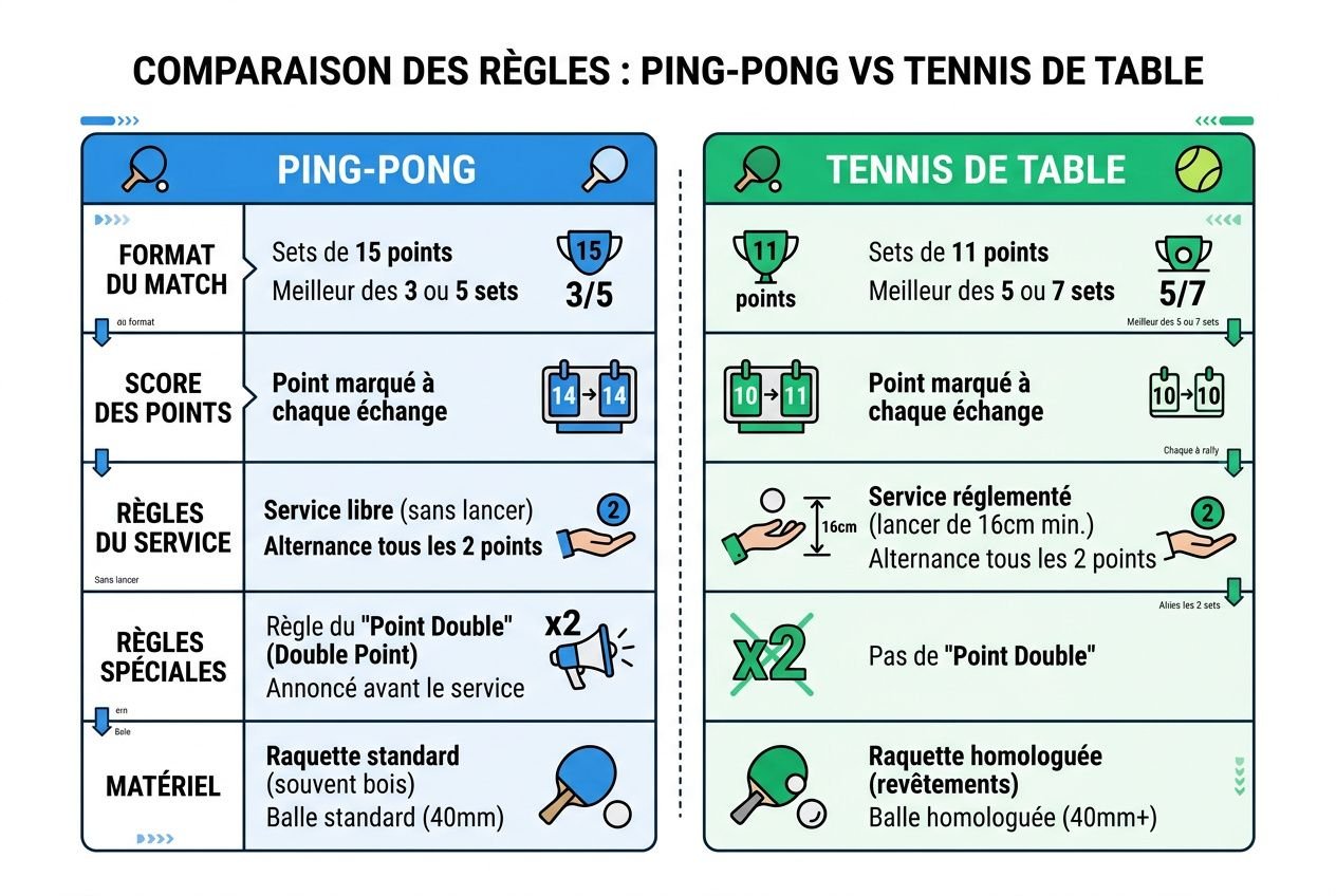 Comparaison des règles : ping-pong vs tennis de table, toelarge chart illustrant format, points, service, règles et matériel. Différence entre ping-pong et tennis de table clairement expliquée.