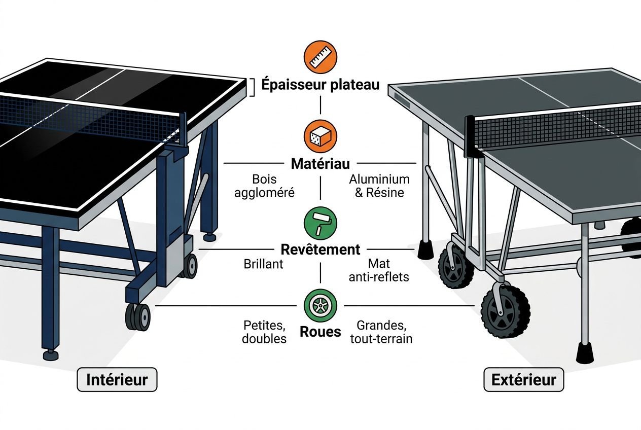 Comparatif des meilleures tables de ping-pong extérieur: diagramme montrant matériaux et revêtement, intérieurs et extérieurs, avec roues et épaisseur du plateau pour choisir la meilleure table de ping-pong extérieur.