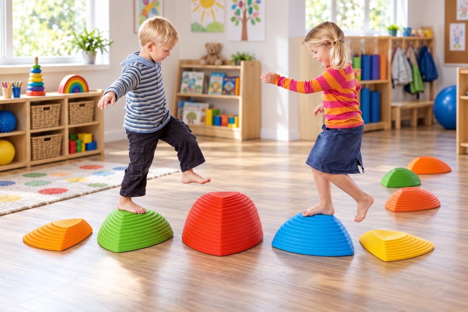 Deux enfants debout sur des demi-sphères de couleurs différentes, en train d’équilibrer leur corps dans une salle de jeux.