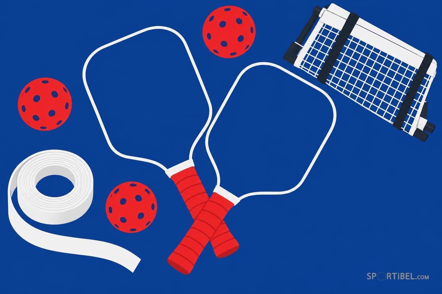 Deux raquettes de pickleball croisées avec des balles et une bande adhésive blanche près d’un filet sur un fond bleu.