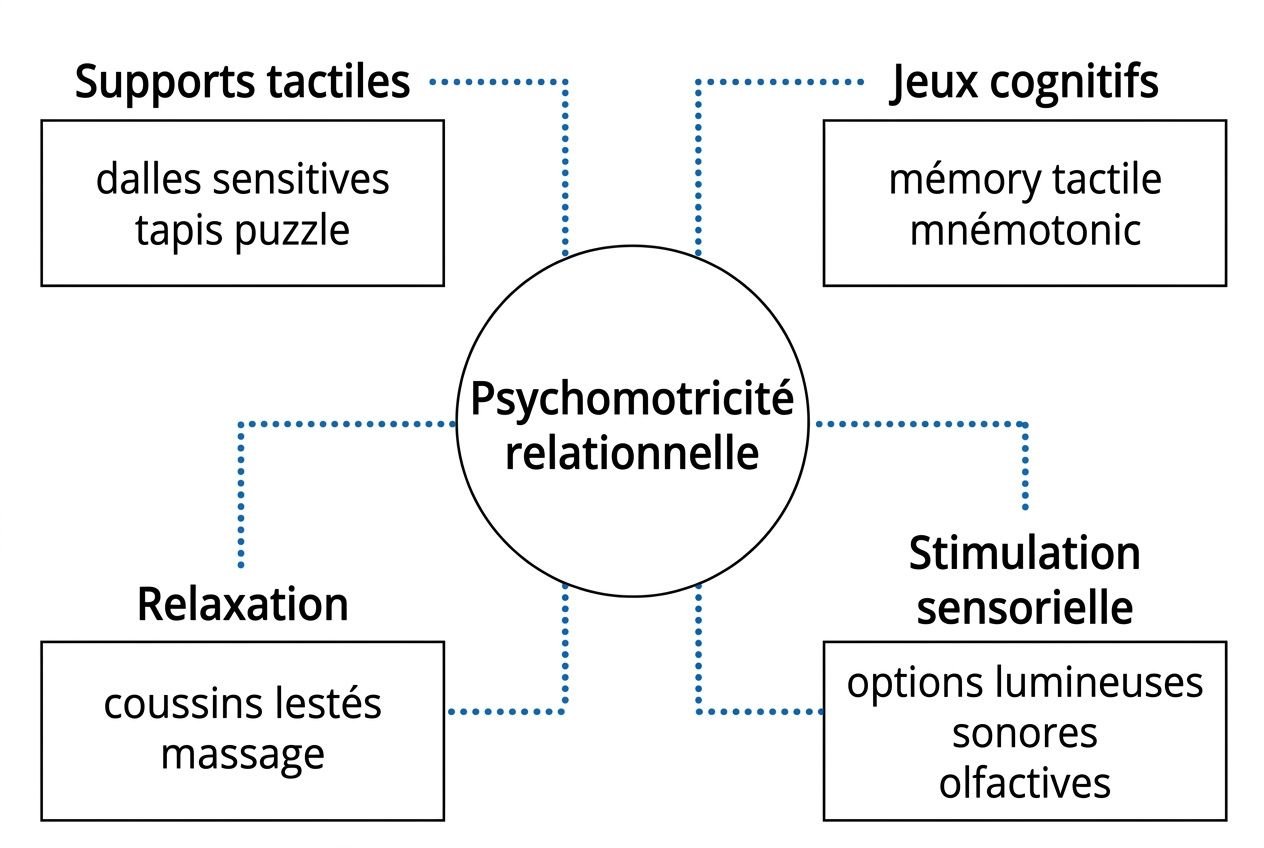 Diagramme illustrant la psychomotricité relationnelle avec cinq icônes: supports tactiles, jeux cognitifs, relaxation, stimulation sensorielle et leur box correspondante.