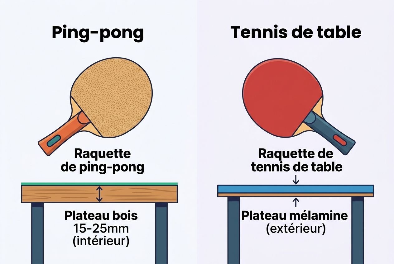 Différence entre ping-pong et tennis de table : illustration montrant les raquettes et les plateaux (intérieur bois pour ping-pong, extérieur mélaminé pour tennis de table).