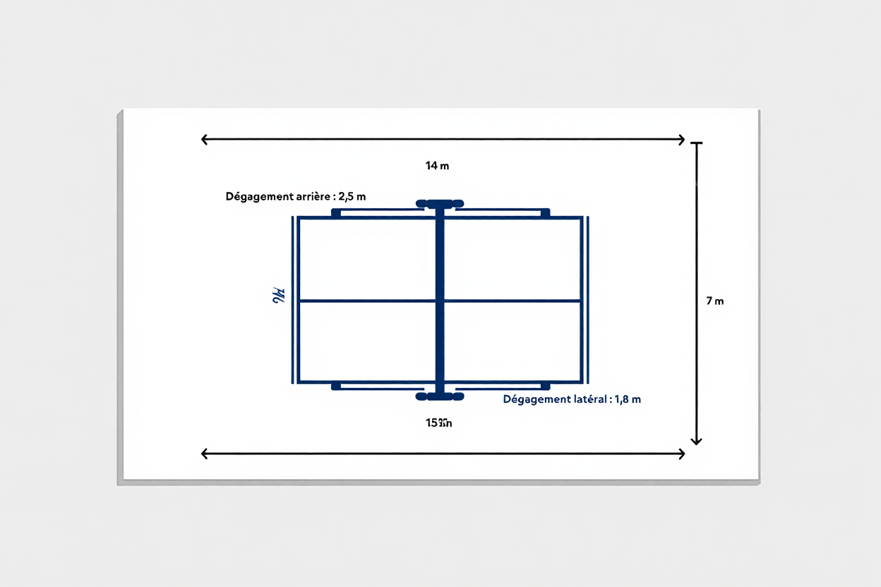 Dimensions table de ping pong aux jeux olympiques: plan illustrant la longueur 274 cm, largeur 152,5 cm et hauteur 76 cm conformes ITTF.