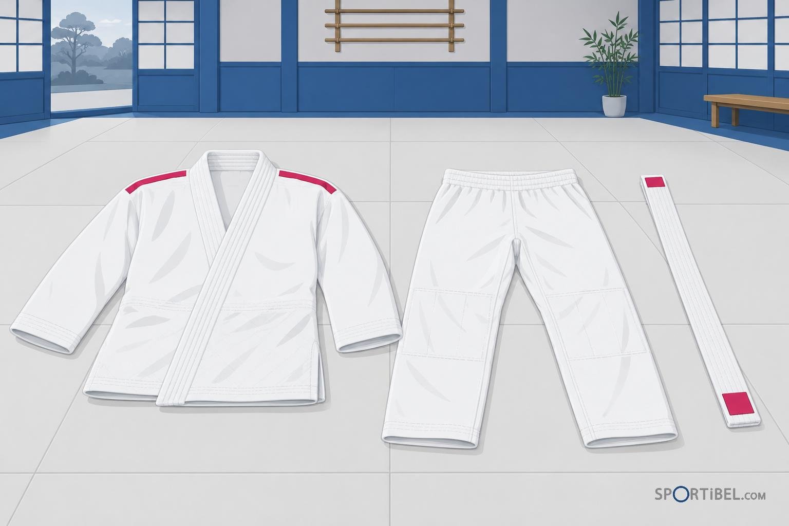 Drie delen van een judopak liggen uitgestald, bestaande uit een witte jas, witte broek en een witte band.