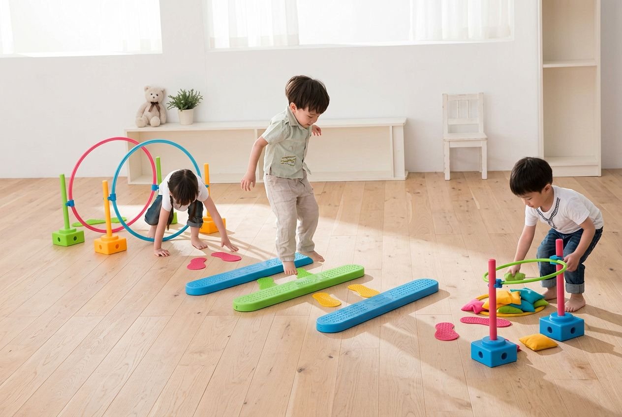 Drie kinderen oefenen visuomotoriek met kleurrijke hoepels, blokken en planktoestellen op een vrolig speelvloertje.