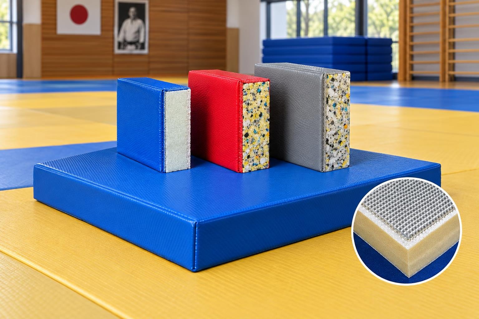 Driekleurige judomattenblokjes op een blauwe mat in een dojo, met een close-up van de aanwezige schichtstructuur.