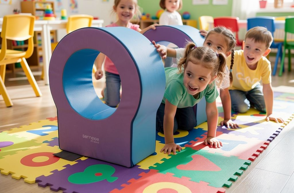 Schuimrubberen speeltunnel voor bewegingsprogramma met jonge kinderen