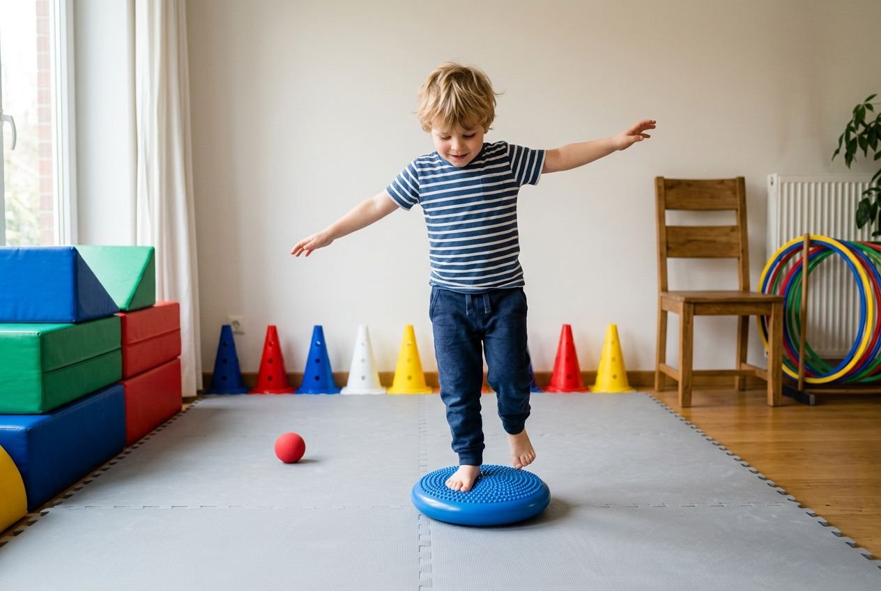 Enfant en chaussettes sur un disque d'équilibre bleu, dans une salle équipée de matériel psychomotricité à domicile et côtoyée par des cônes colorés et tapis.