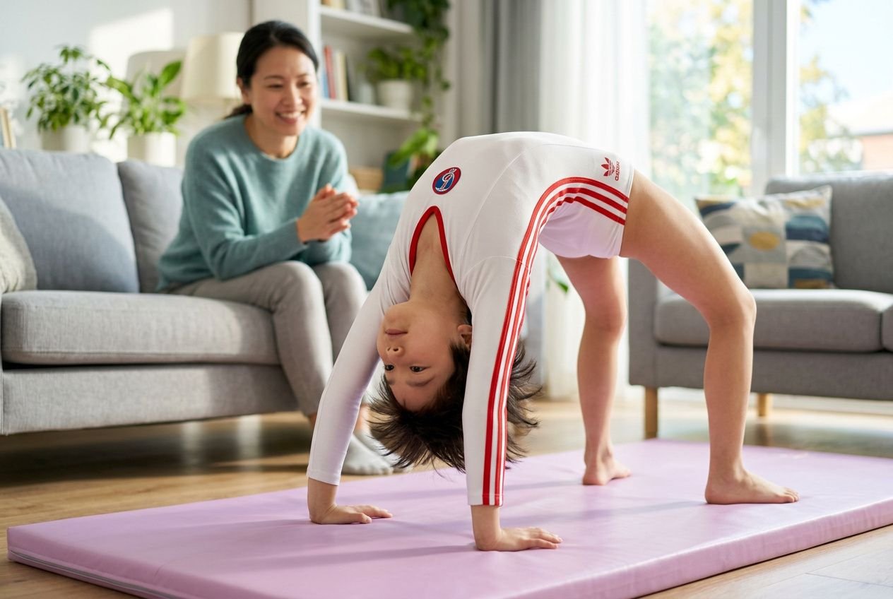 Enfant faisant une posture de pont sur tapis de gym, encouragé par une mère assise sur le canapé, dans un salon lumineux. gym maison enfant adaptée.