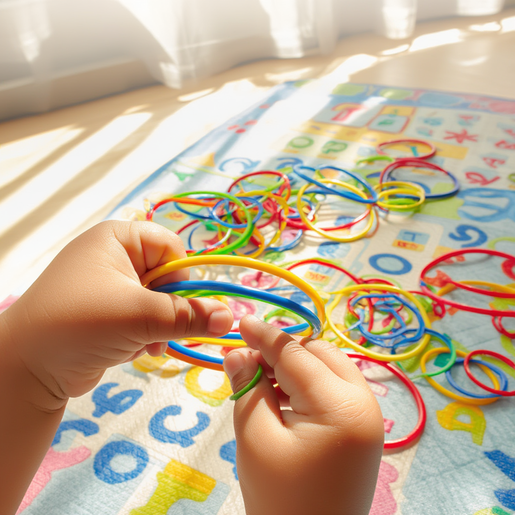 Enfant manipulant des anneaux colorés pour exercer sa motricité fine et sa précision.