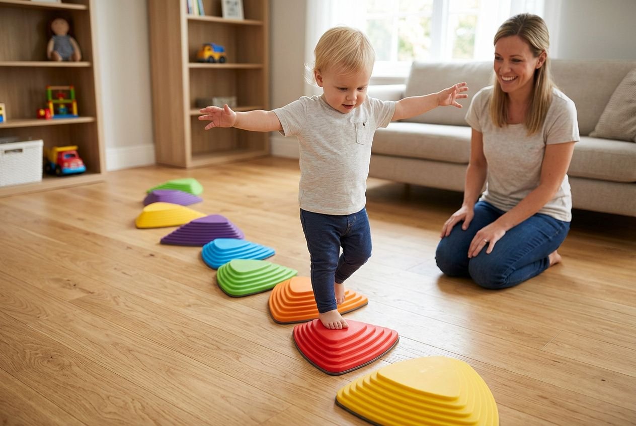 Enfant marchant sur des pierres d'équilibre colorées disposées en parcours motricité sur le sol d'un salon.