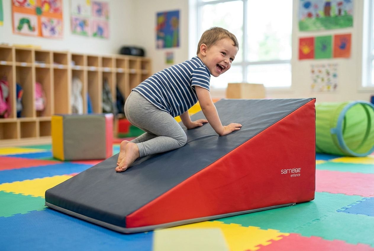 Enfant de maternelle grimpant et roulant sur un plan incliné en mousse rouge et gris dans une salle de motricité.