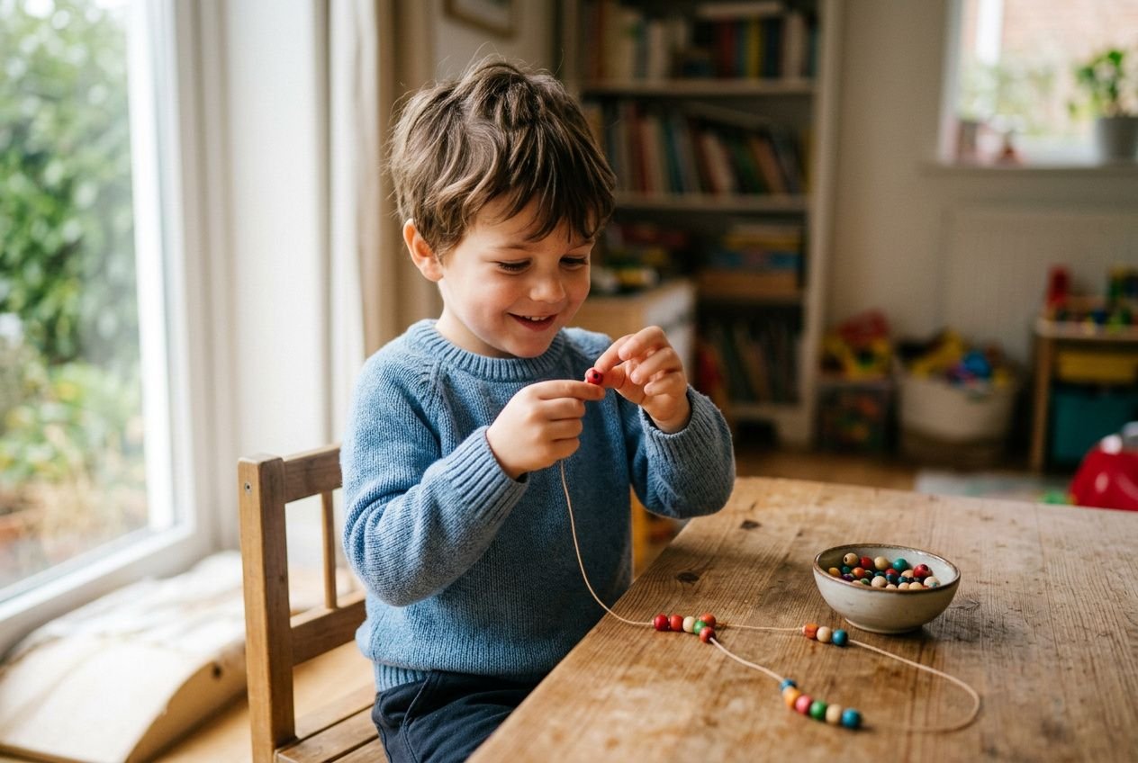 Enfant pratiquant l'enfilage de perles fines