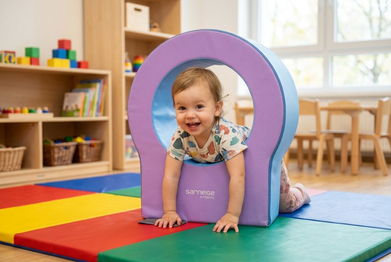 Enfant rampant à travers un tunnel en mousse violet et bleu posé sur un tapis de gym en salle de classe maternelle.