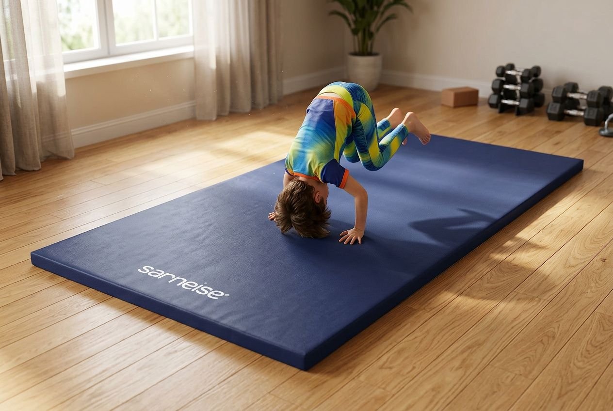 Enfant sur un tapis de gym maison enfant, effectuant une roue avant sur un tapis bleu dans un salon lumineux.