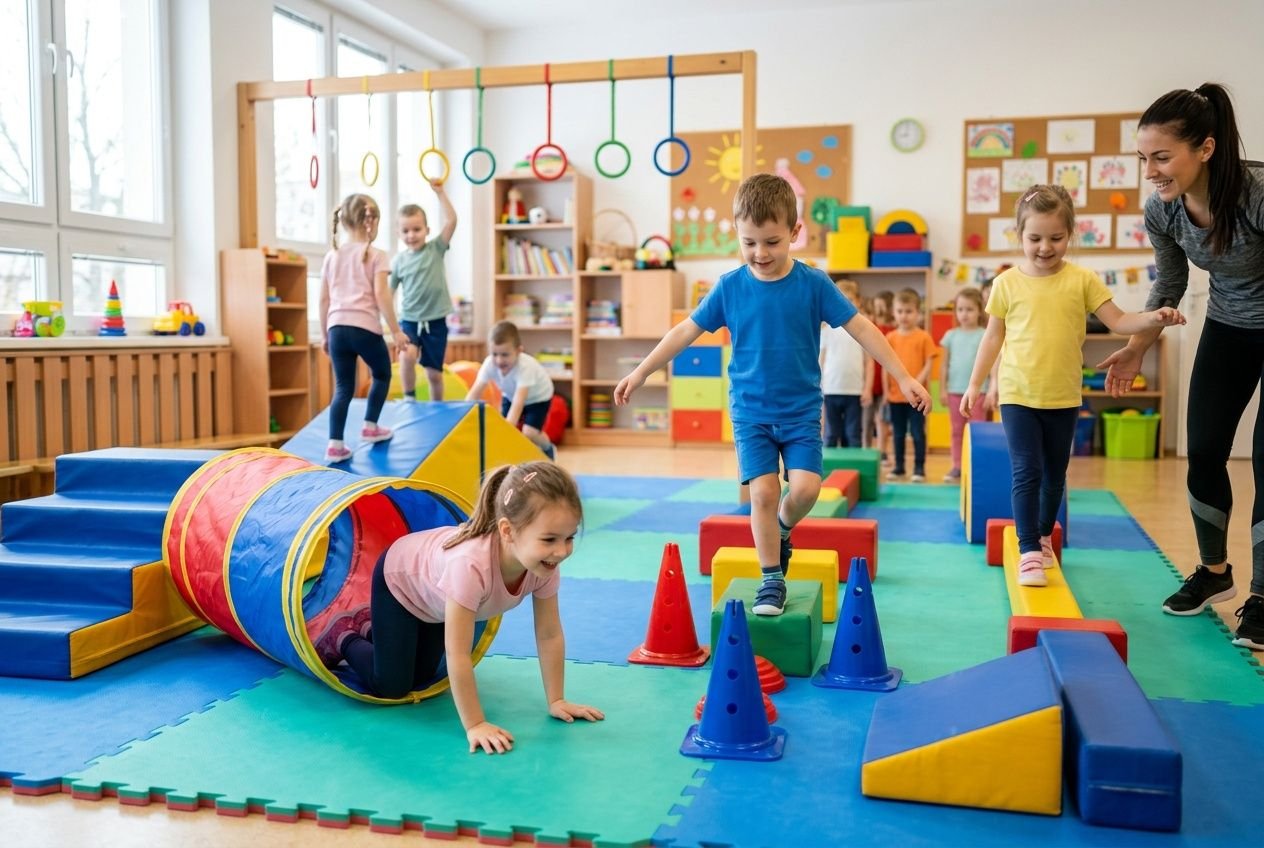 Enfants en activité psychomotrice à l’école: parcours d’obstacles colorés, tunnels et cerceaux sous la supervision d’une enseignante, ambiance dynamique et sécurisée. matériel psychomotricité école