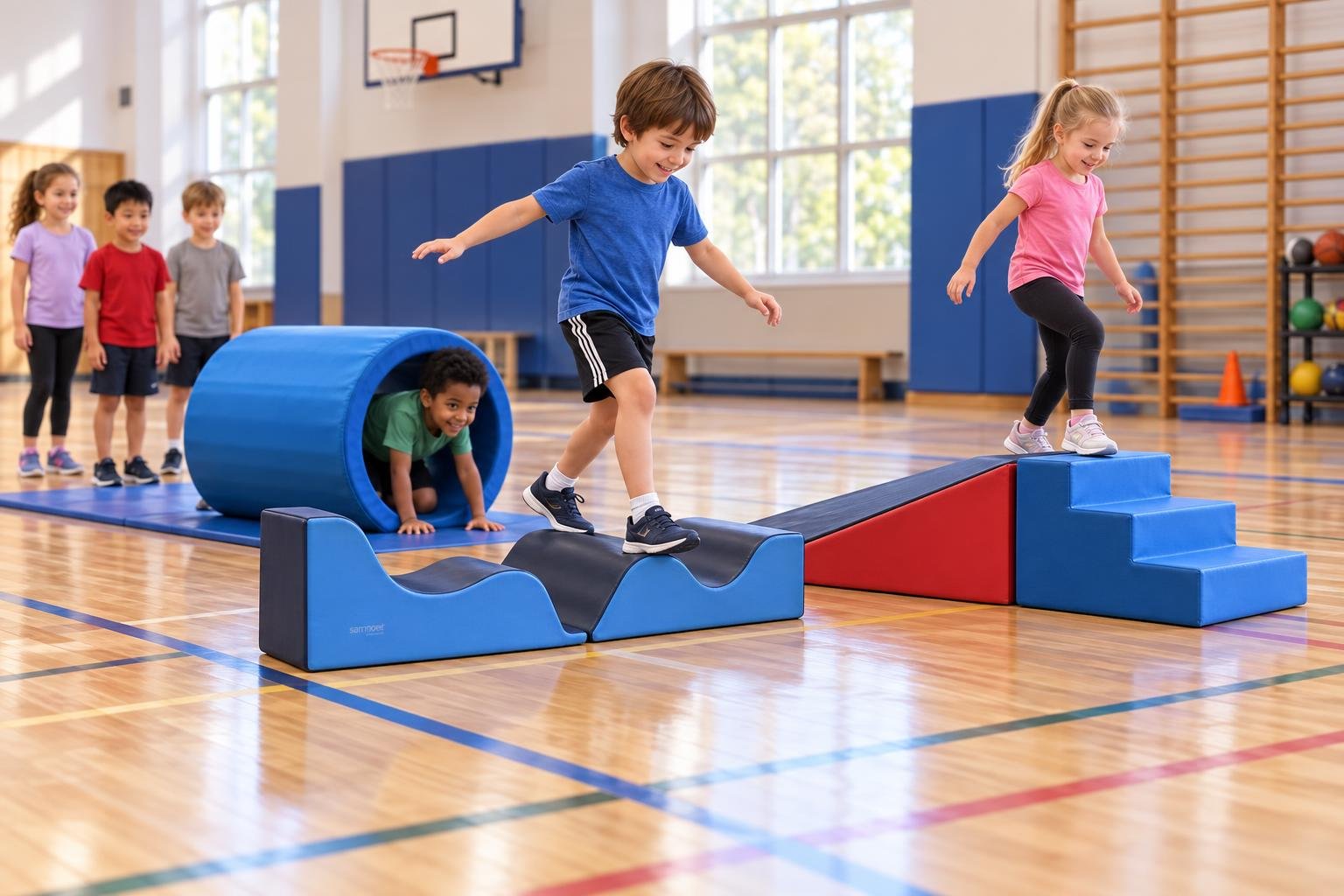 Des enfants dans une salle de gym franchissent un parcours d’équilibre composé de modules gélatineux bleus et rouges.