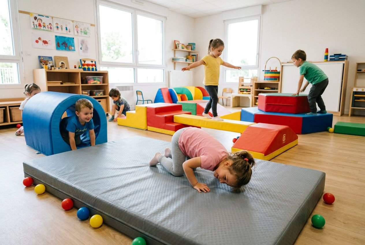 Enfants utilisant des modules de gym et tapis de motricité dans une salle de maternelle, explorant l’équilibre et l’escalade avec matériel gym maternelle.