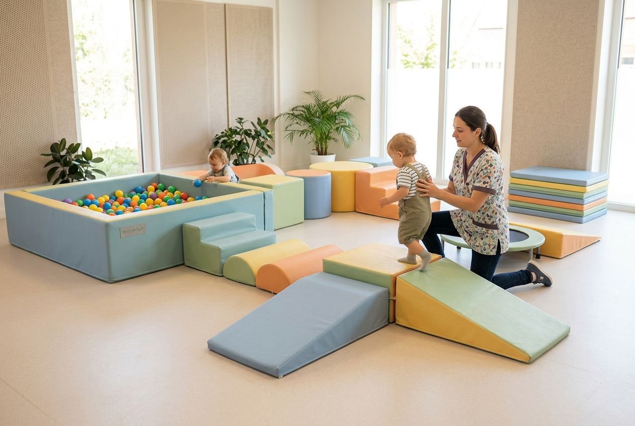 Ensemble de matériel de psychomotricité bébé disposé dans une salle de motricité lumineuse avec un thérapeute accompagnant un enfant.