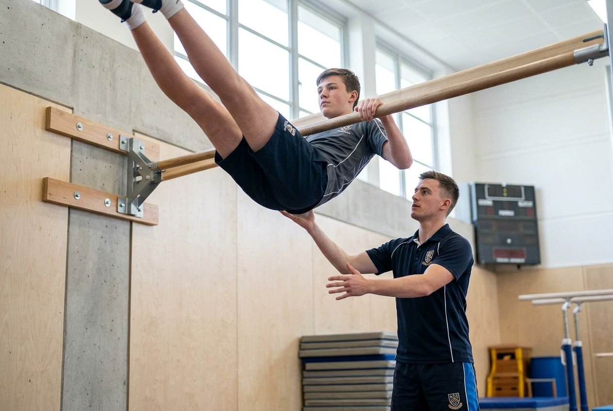 Entraînement de gymnastique à l’école avec un élève sur la barre fixe, assisté par un coach, démontrant le matériel gymnastique école et l’accompagnement technique.