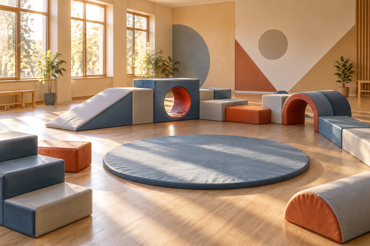 Espace de psychomotricité avec des blocs rembourrés colorés et un grand tapis rond au centre.