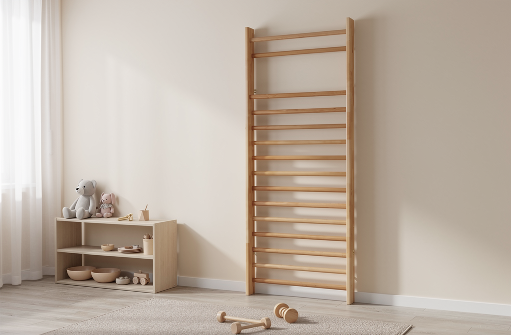 Échelle murale en bois installée dans une salle de motricité Pikler.