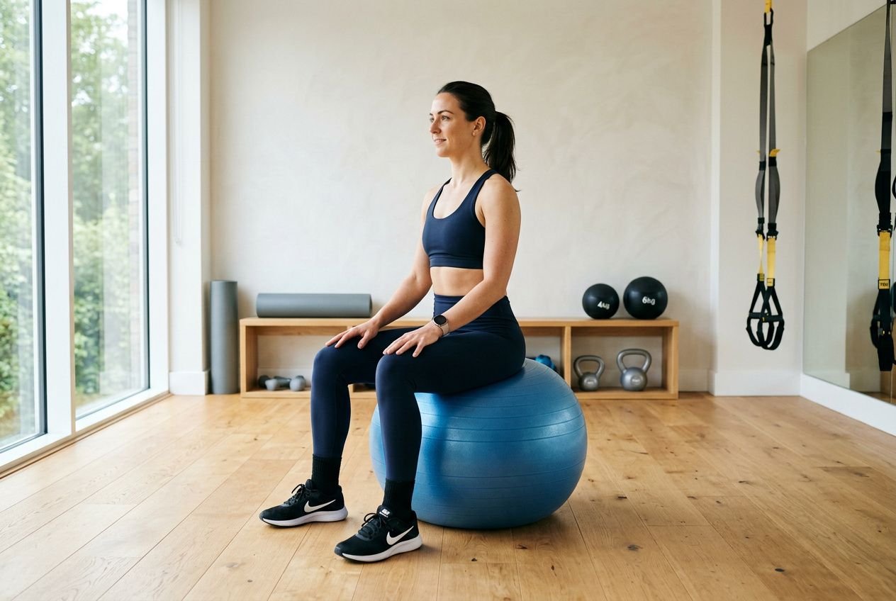 Femme assise sur un ballon fitness bleu dans une salle de sport à domicile, pratique d’exercices avec tenue de sport et matériel d’entraînement en arrière-plan.