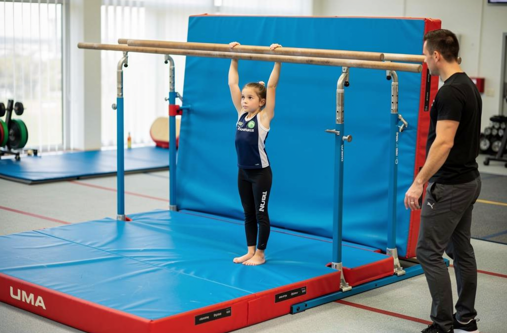 Fille en gymnastique sur barres parallèles, prête à se lancer avec un entraîneur à ses côtés dans une salle équipée.