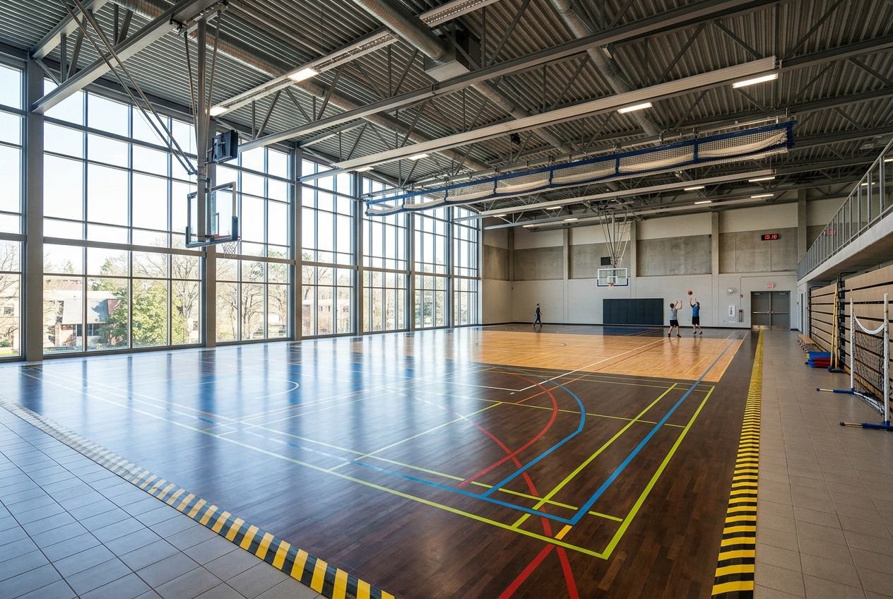 Grand gymnase lumineux avec parquet sportif et lignes de court colorées, cadre idéal pour gymnannesium espaces et cours collectifs en salle.