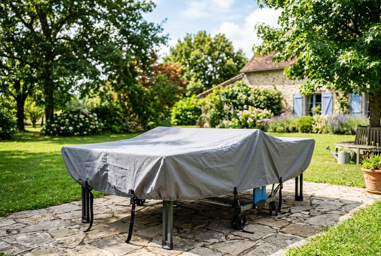 Housse table ping pong couvrant une table de ping-pong sur une terrasse extérieure en pierre, entourée d’arbres et de jardin.