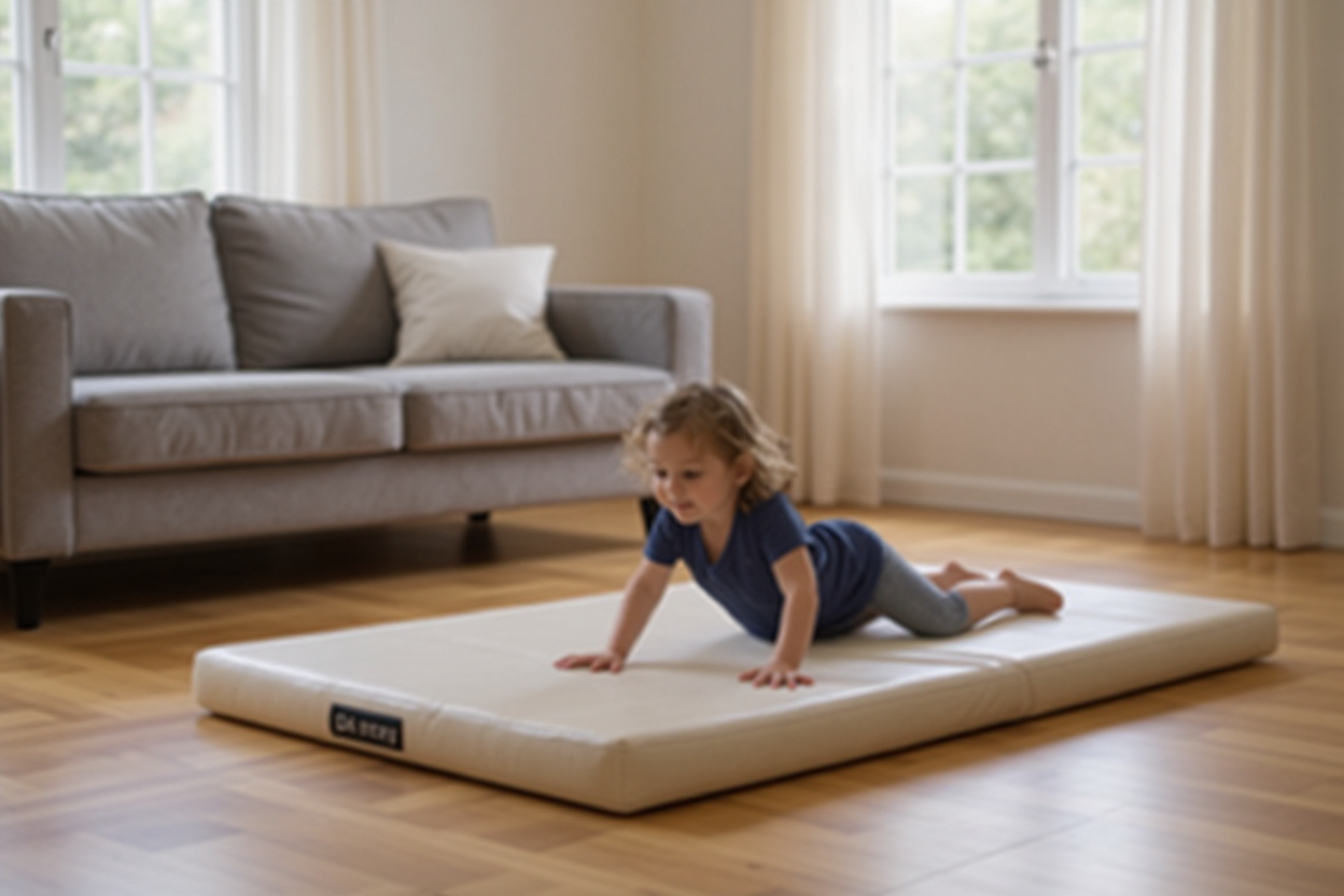 Ignorer le fond de la photo; un tapis de gym maison épais, unique, au sol du salon accueille un enfant qui fait une roulade en toute sécurité.