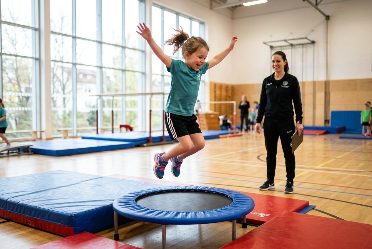 Jeune enfant sautant sur un mini trampoline dans une salle de sport, entourée d’équipements de gymnastique et d’un coach en noir. Le cadre est lumineux et sécurisé. trampoline gym enfant