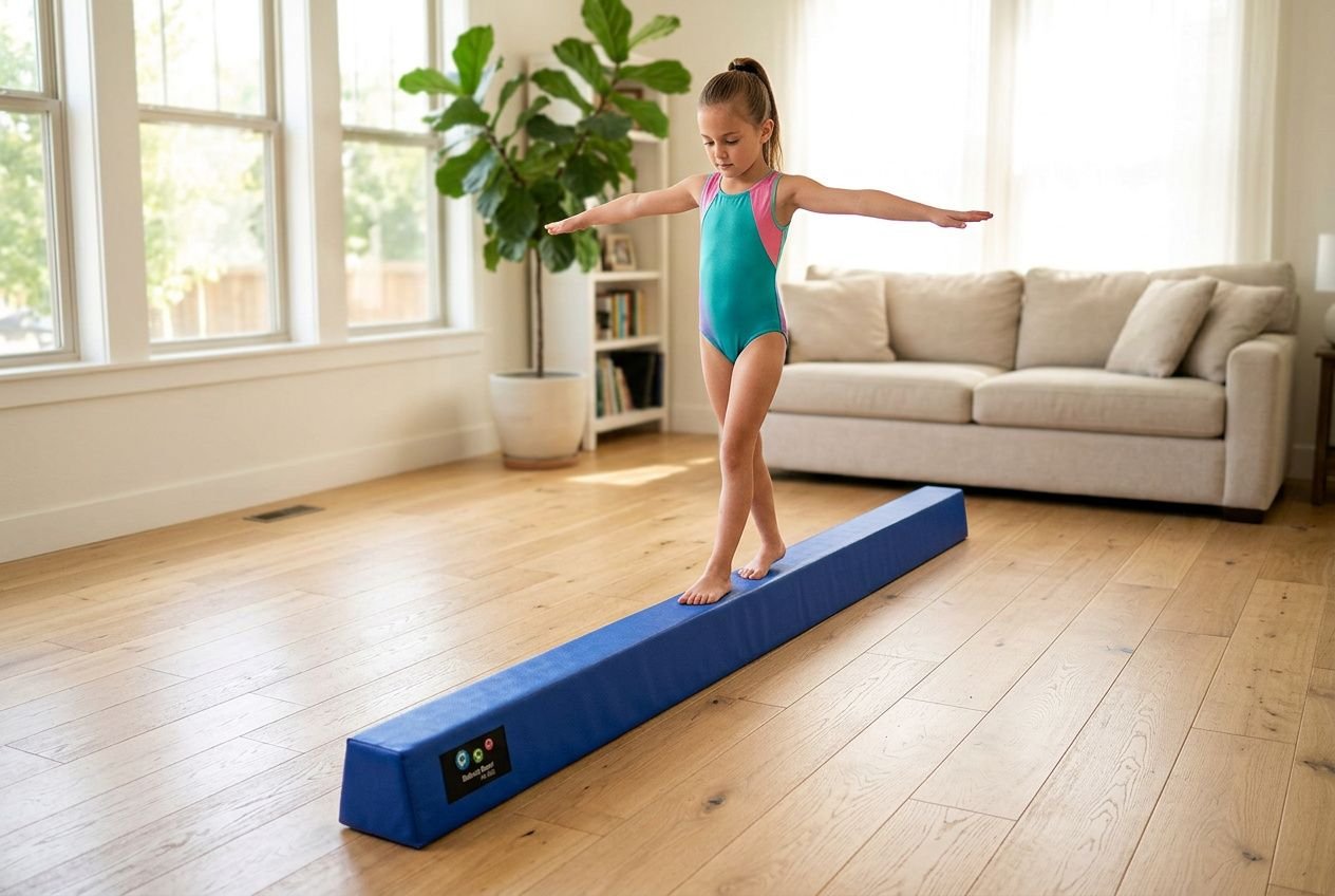 Jeune fille en maillot bleu et rose, équilibre sur une poutre de gym bleue pliable à domicile.